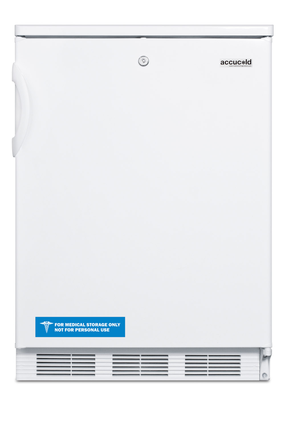 Commercially listed freestanding all-refrigerator for general purpose use, with front lock, automatic defrost operation and white exterior